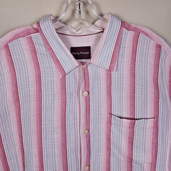 Tommy Bahama Linen Shirt Men XL XLX Striped Short Sleeve Pink Vacation Hawaiian - Picture 1 of 12